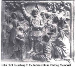 MONUMENT DEPICTING HIS PREACHING TO THE INDIANS OF NEW ENGLAND